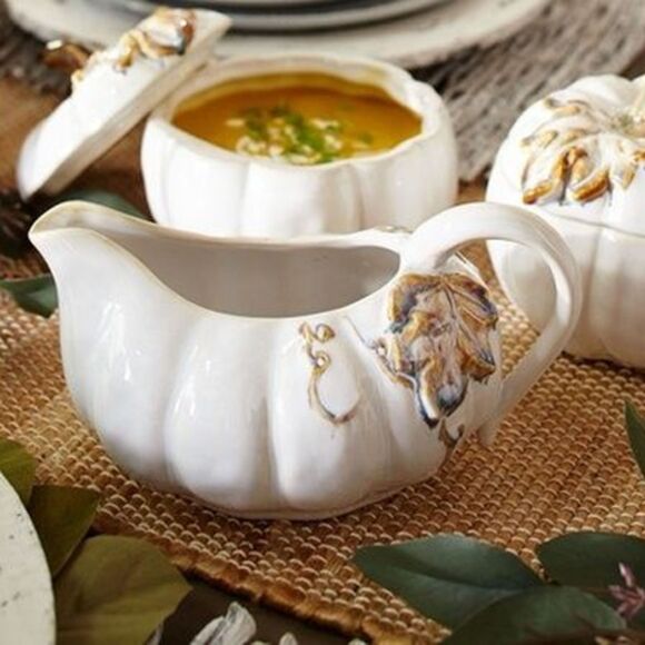 Pier 1 Imports Gravy Boat 'White Pumpkins' Stoneware Hand Painted NEW